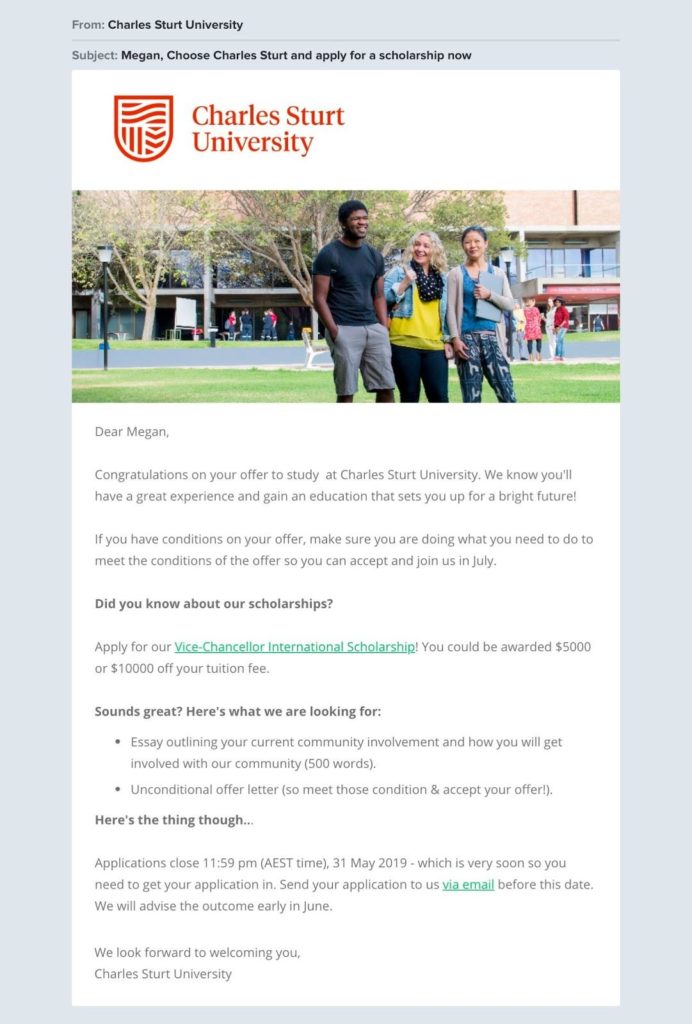 College admission email example to help with educational email marketing strategy