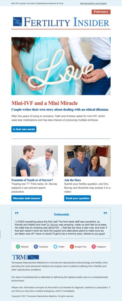 Email newsletter example for healthcare sharing patients testimonial