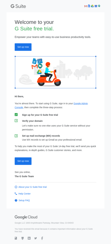 B2B free trial email example from Google