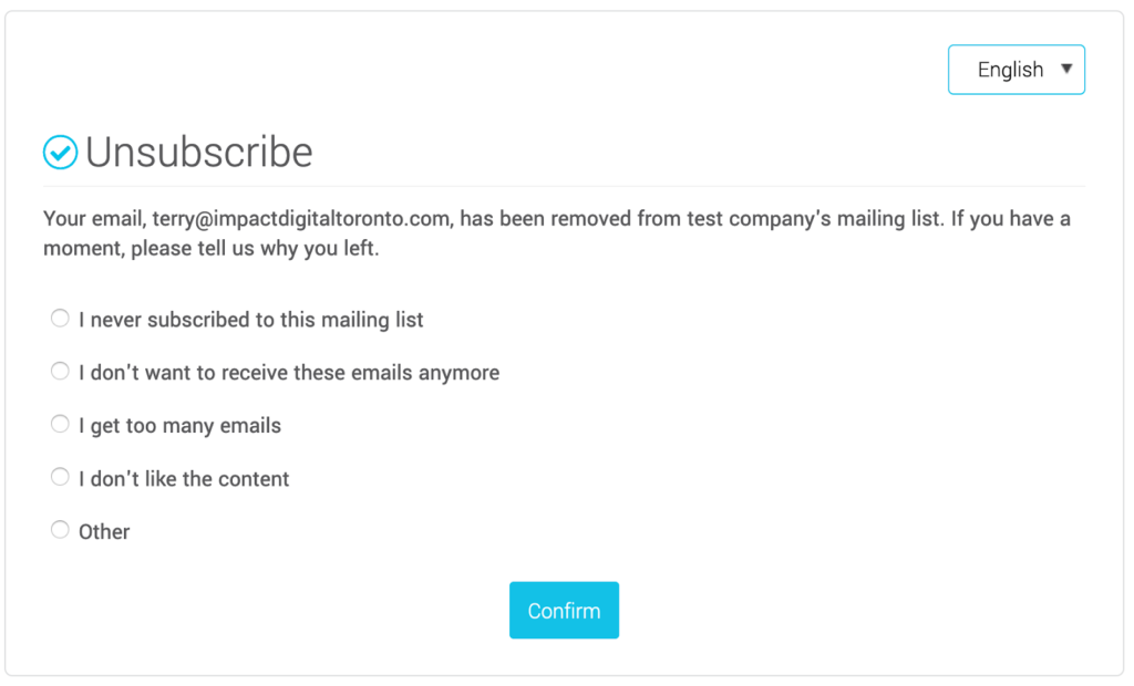 Cyberimpact's unsubscribe page